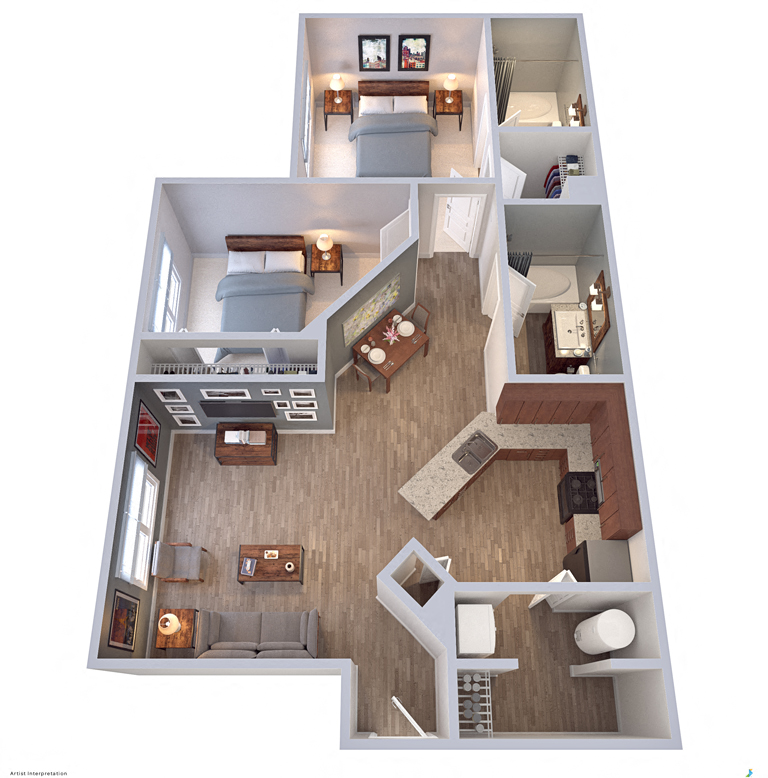 Floor plan for 2 beds, 2 baths, 935 sqft